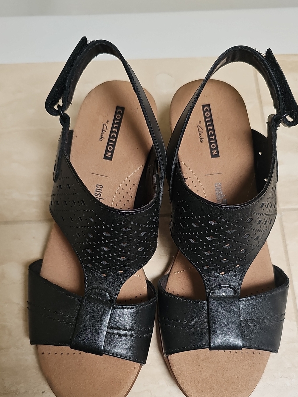 Clarks Black Perforated T-Strap Slingback Sandals